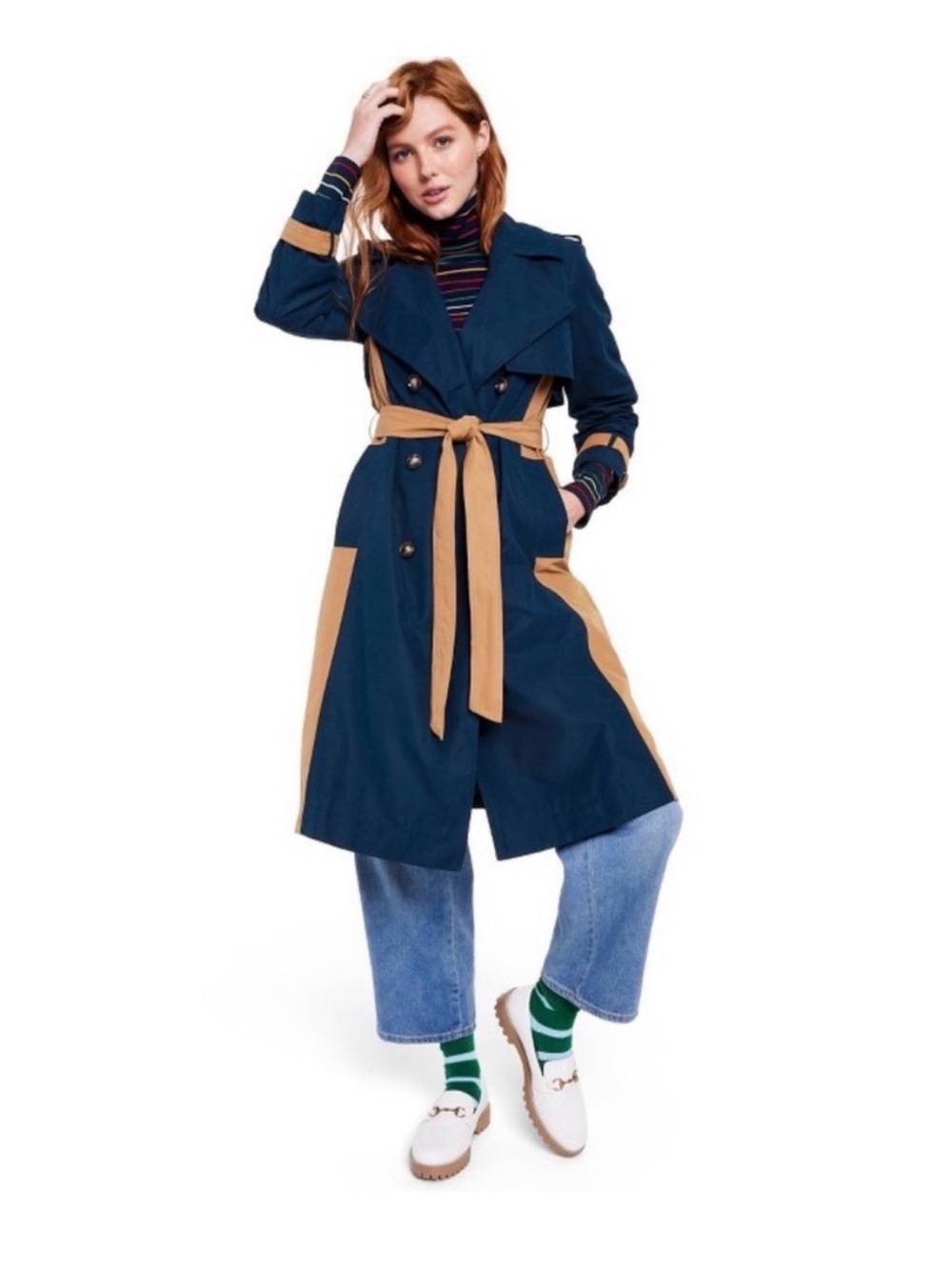 LA LIGNE X TARGET Side Stripe Navy and Tan Trench Coat - Classic Belted Coat XL - Picture 2 of 12